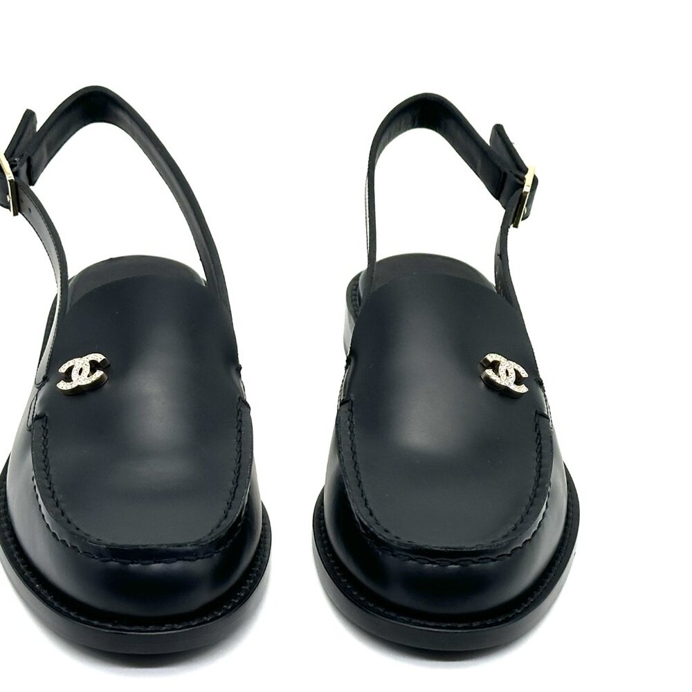 CHANEL 25P 2025 Crystal CC Logo Leather Slingback Flat Loafers Shoes Sandals - Picture 7 of 16